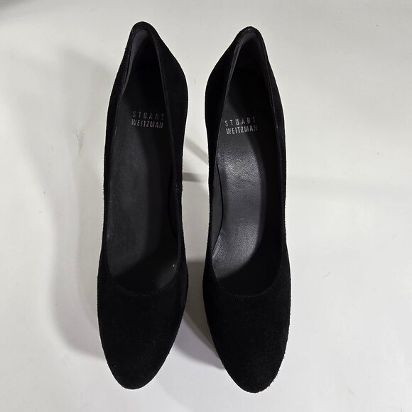 Stuart Weitzman Black Suede Platform Pumps Round Toe 7.5 N 5" Stiletto Heel - Picture 9 of 16